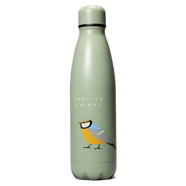 Pale green bottle with blue tit design and the words FEELING CHIRPY
