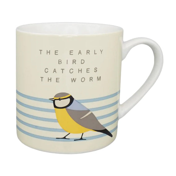 Crema coloured mug with the motto 'The early bird catches the worm' and a blue tit design with stripes in a matching blue.