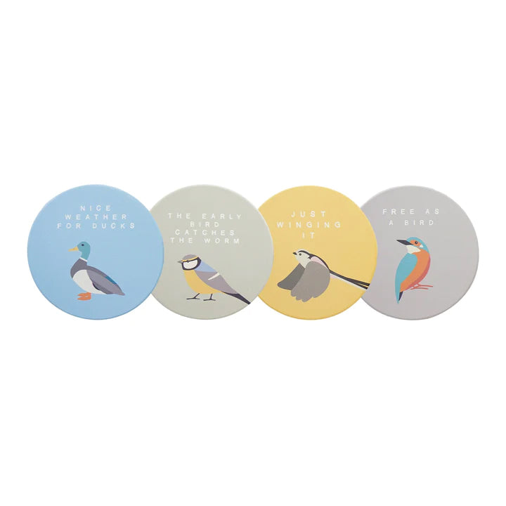 Four circular coasters, each in a different pastel colour - blue, green, yellow and grey with a different bird image on each.