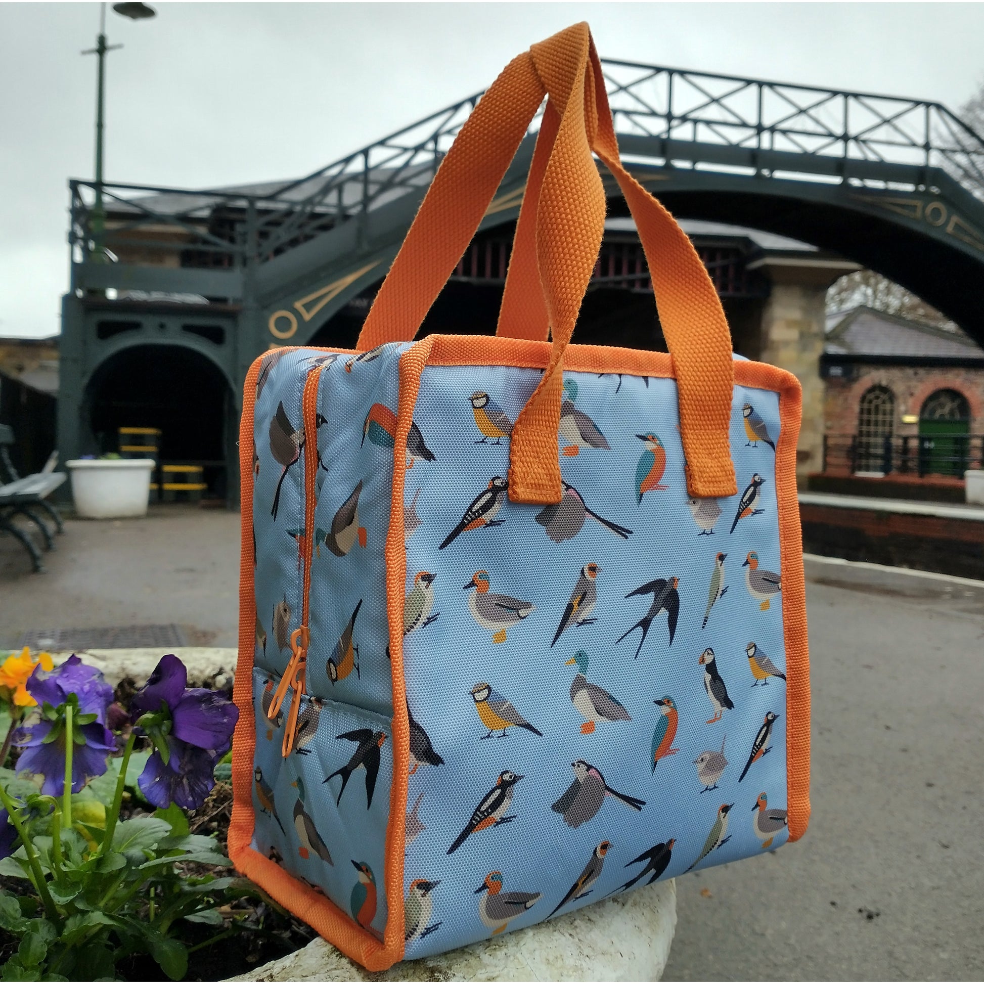 Lunch bag on Pickering Station Platform with light blue background, orange straps and zip and British bird illustrations all over.