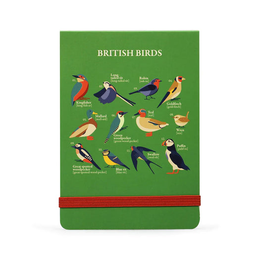 A portrait orientated notebook with an array of bird illustrations including the puffin, kingfisher and robin, all on a leaf green background with orange elastic closure across the bottom.