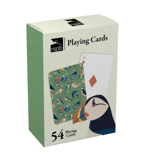 A pack of playing cards showing the back design with bird images on a green background.