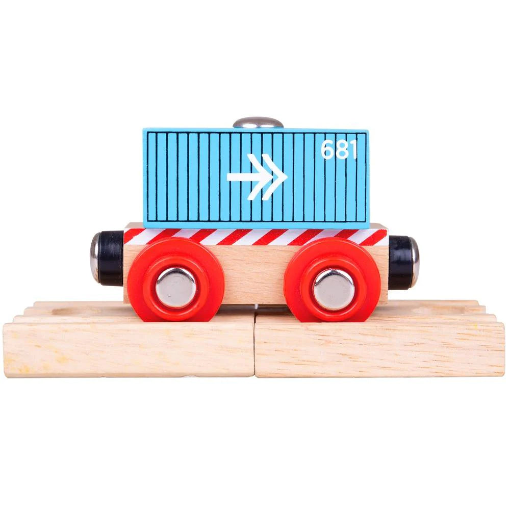 A blue wooden container wagon with a magnet on the top to use with compatible cranes and the like.