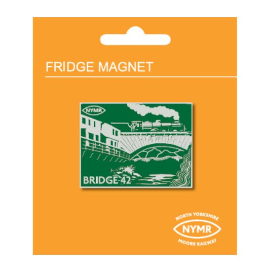 A metal magnet showing the Bridge 42 lino print design, displayed on a backing card which is orange with the NYMR logo.