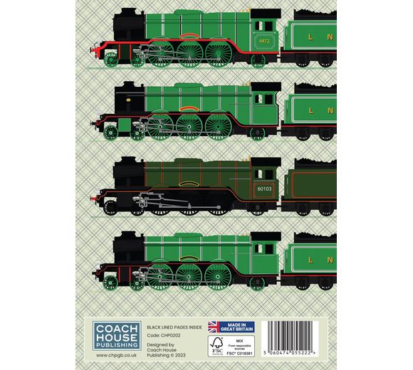 The rear of the notebook showing the loco in 4 different liveries, plus the info and barcode at the bottom.