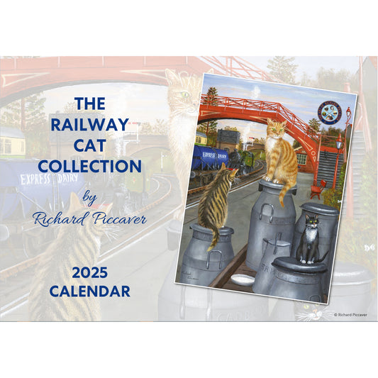 Front cover of the calendar showing a right old bunch of cats watching a steam train depart, while perched atop a trolley of old fashioned milk churns at Goathland Station
