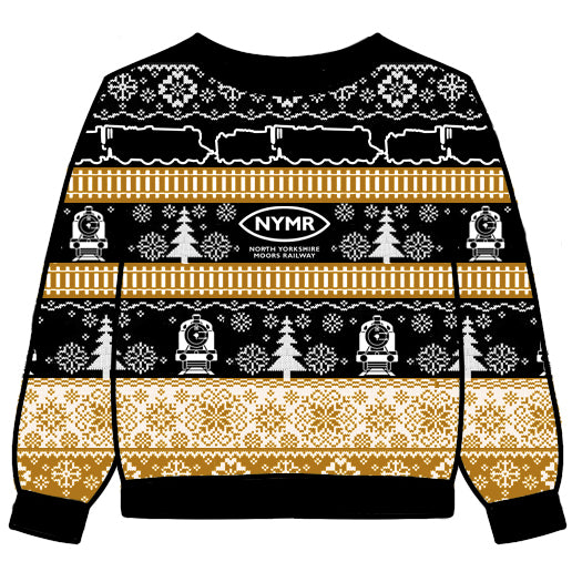 Front view of jumper in black, white and golden yellow with railway track, outlines steam locomotives, front facing locomotives, pine trees and snowflakes - with the NYMR logo back and centre!