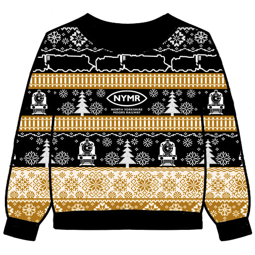 Front view of jumper in black, white and golden yellow with railway track, outlines steam locomotives, front facing locomotives, pine trees and snowflakes - with the NYMR logo front and centre!