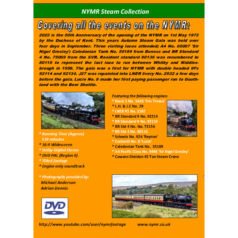 THe back of the DVD cover with a description of the film and a list of the locomotives.