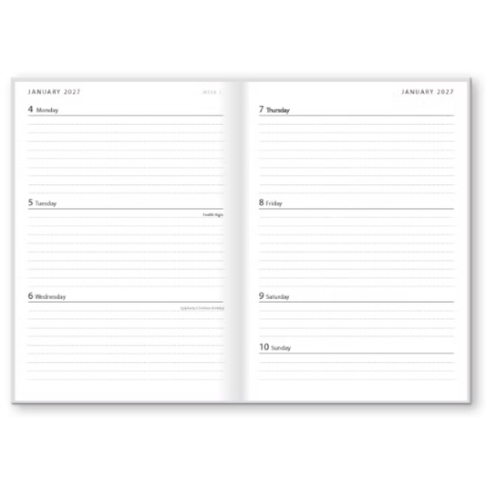 Inside pages of the diary showing a week to view.
