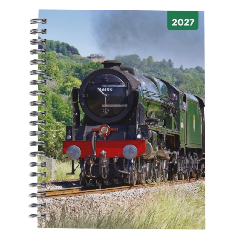 Front cover showing metal spiral on the left hand side, 2027 printed top right and an image of locomotive 46100 taken from the front.