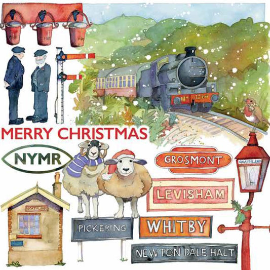 A festive scene with all the station signs, a locomotive in the snow, a robin upon a station lamp pot, and some cosy sheep wrapped in a scarf and a Santa hat!