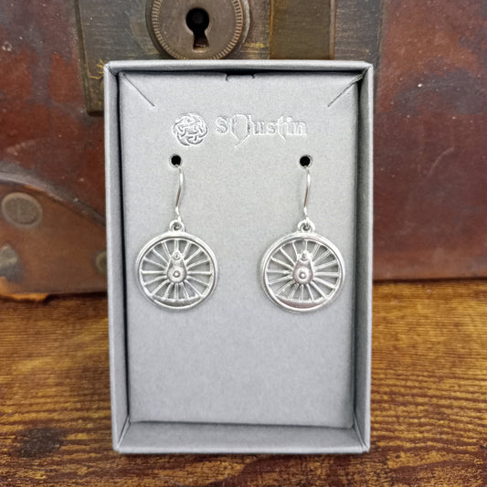 Locomotive wheel earrings in the gift box.