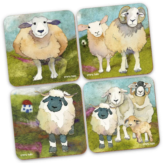 Four fabulous coasters featuring a different sheepy design on each.