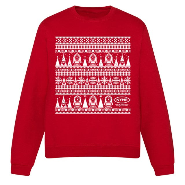 Red round necked sweatshirt with white design of trains, trees and snowflakes with NYMR logo.