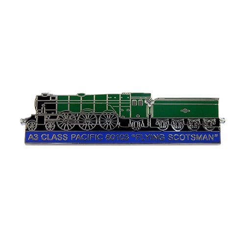Enamelled badge with the locomotive in green, wheels and front in black and name in blue with silver coloured metal detailing.