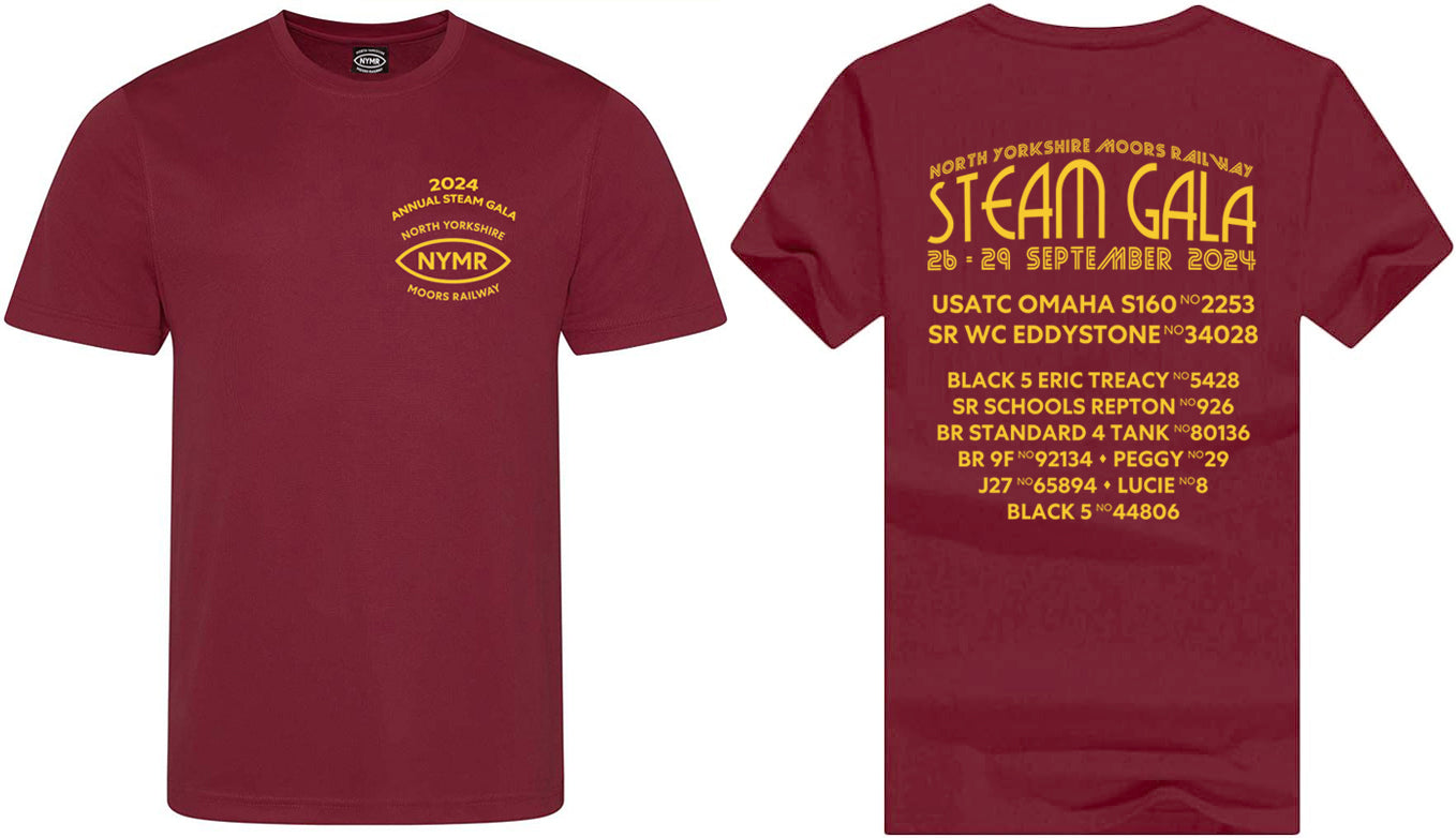 Maroon t-shirt with logo printed left pocket on the front, and the gala details and dates with a list of all the locos in yellow.