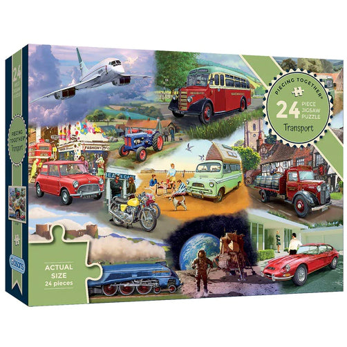 A montage jigsaw including planes, trains and automobiles through the decades.