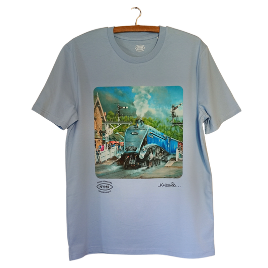 A pale blue t-shirt with a printed painting of Sir Nigel Gresley at Grosmont Station. The corners of the image are rounded and the NYMR logo is at the bottom left and the artists signature bottom right.