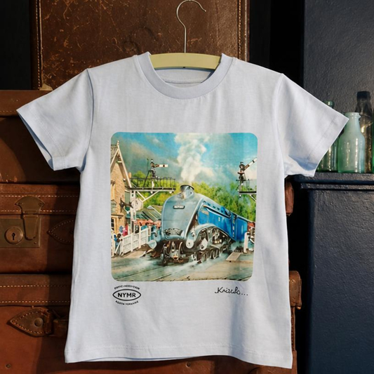 A pale blue t-shirt with a printed painting of Sir Nigel Gresley at Grosmont Station. The corners of the image are rounded and the NYMR logo is at the bottom left and the artists signature bottom right.