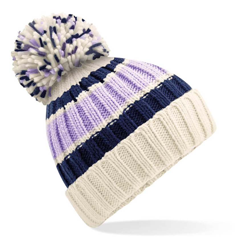 Knitted beanie with striped pattern and pom-pom on a white background
