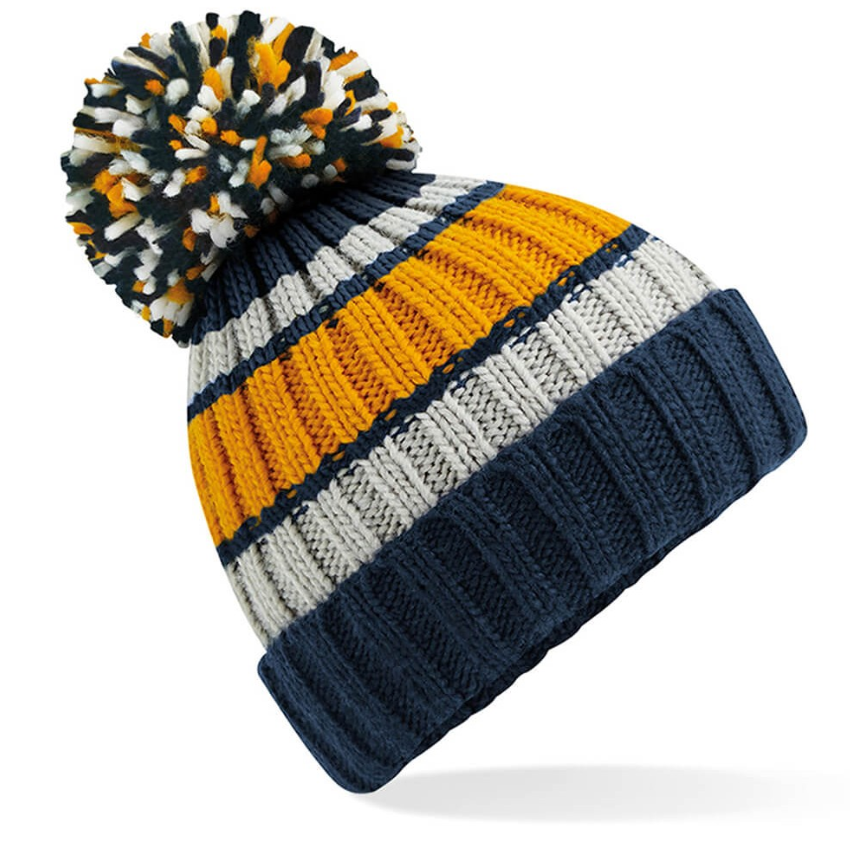 Knitted beanie with striped pattern and pom-pom on a white background
