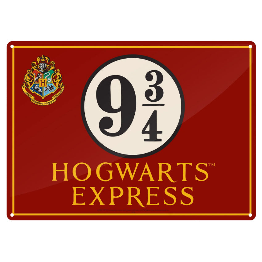 A maroon sign with the Platform 9 3/4 logo and the words Hogwarts Express, plus the Hogwarts crest in the top left.