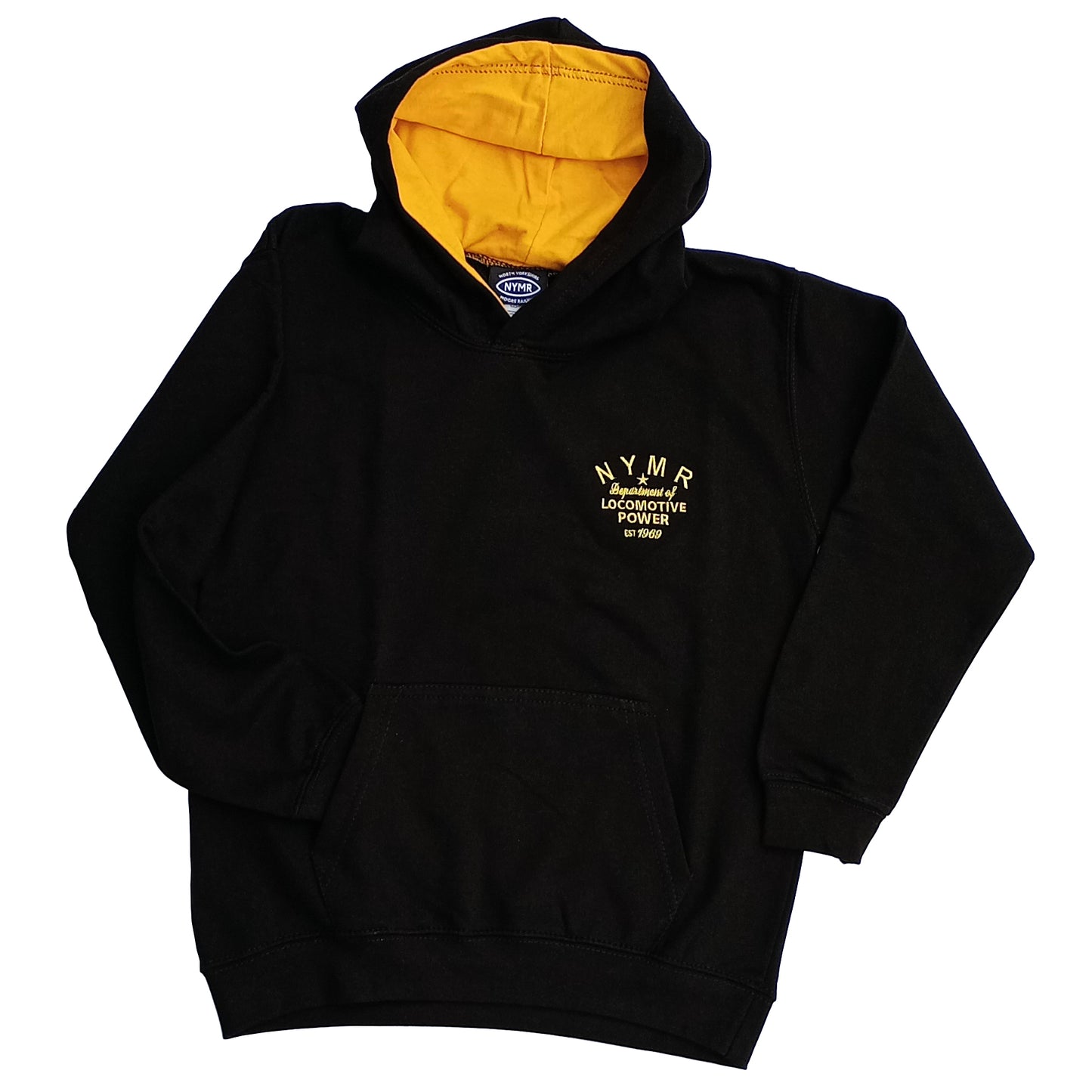 A black long sleeved top with hood and kangaroo pocket. Lining of hood is bright yellow. The Locomotive Power design is embroidered on left side in yellow. There is an NYMR logo label sewn in at the neck.