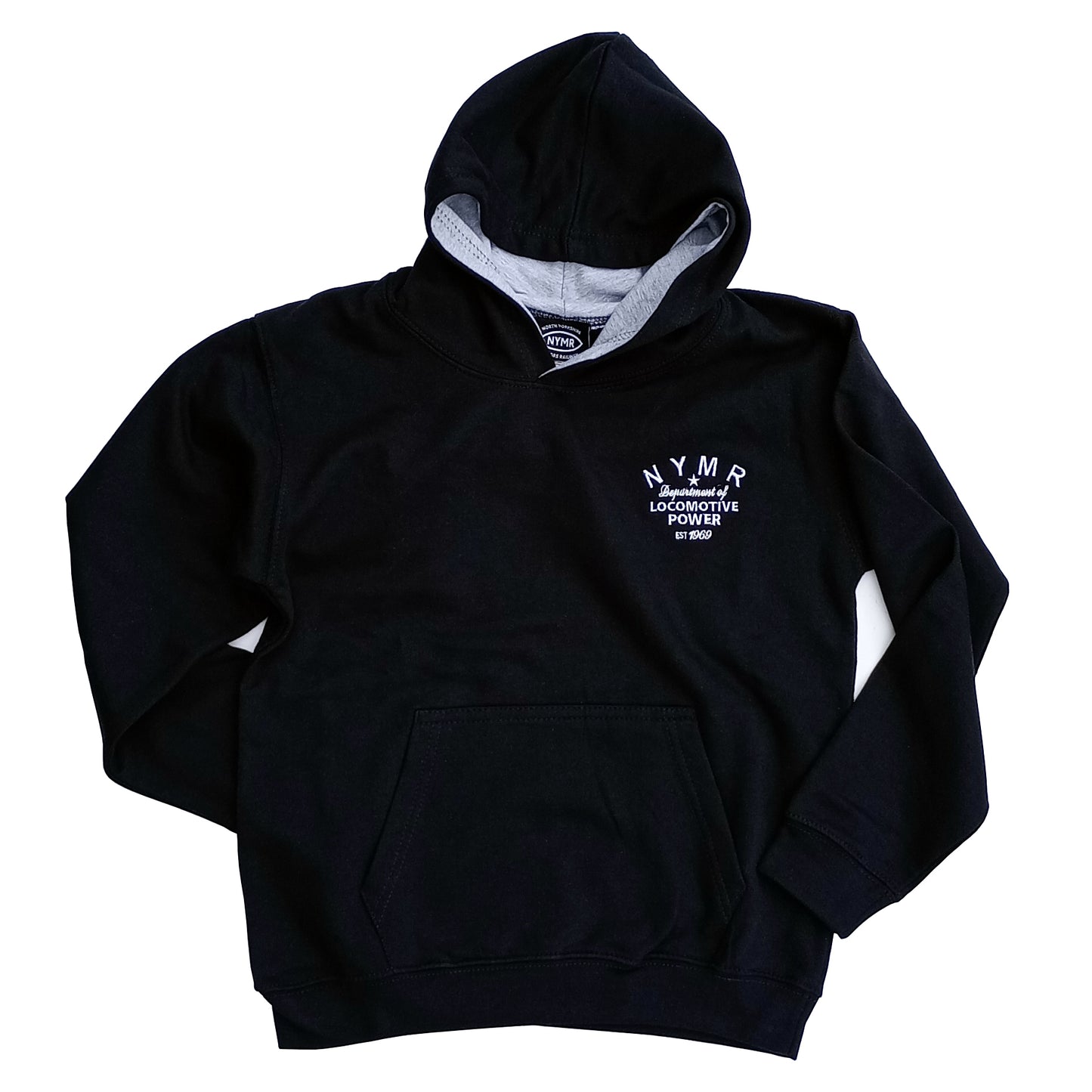 A navy blue long sleeved top with hood and kangaroo pocket. Lining of hood is light grey. The Locomotive Power design is embroidered on left side in white. There is an NYMR logo label sewn in at the neck.