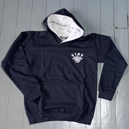 A navy blue hoodie with light grey lining in the hood, an NYMR logo neck label and Locomotive Power embroidery on the front left. With kangaroo pocket.