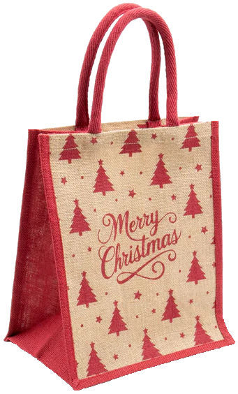 A jute Christmas gift bag with red handles, a red border, and a red 'Merry Christmas' script print with red Christmas tree and star patterns on a beige background.
