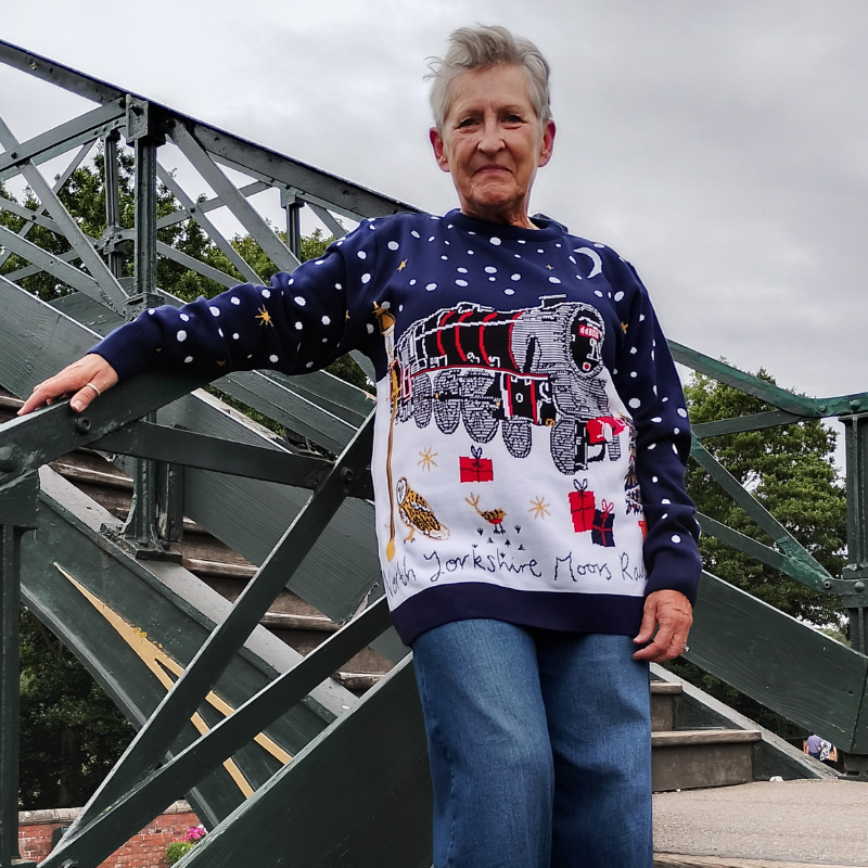 A woman stands on a green metal bridge wearing a navy and white Christmas-themed  round neck jumper with a festive train graphic.