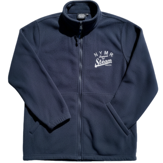 Navy blue fleece jacket with the NYMR logo on a white background