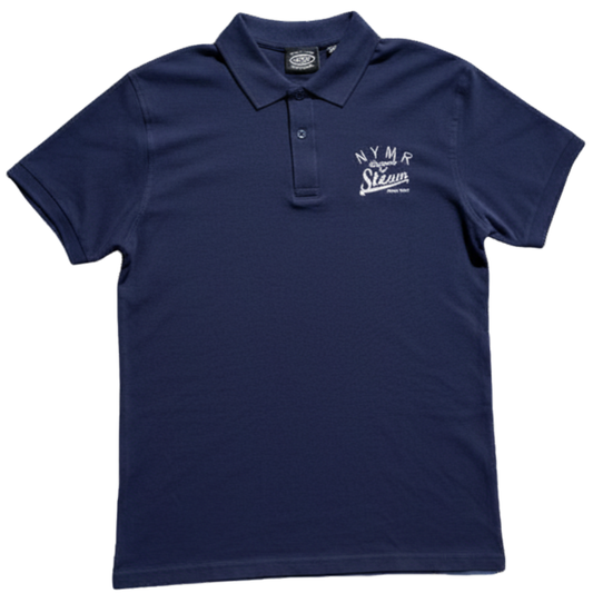 Navy blue polo shirt with white logo on a white background