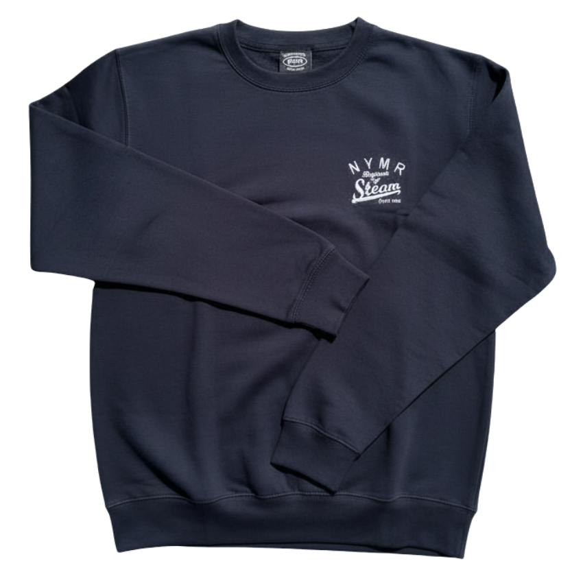 Navy blue sweatshirt with white text logo on a white background