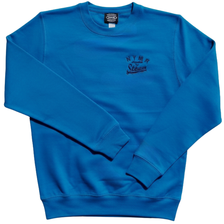 Sapphire blue sweatshirt with embroidered design in navy blue