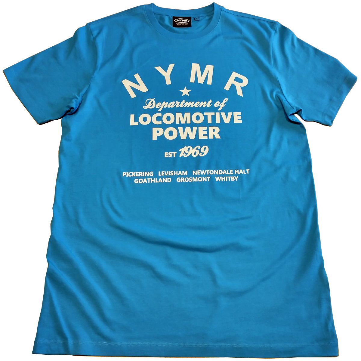 Turquoise t-shirt with full front print in the Locomotive Power Design