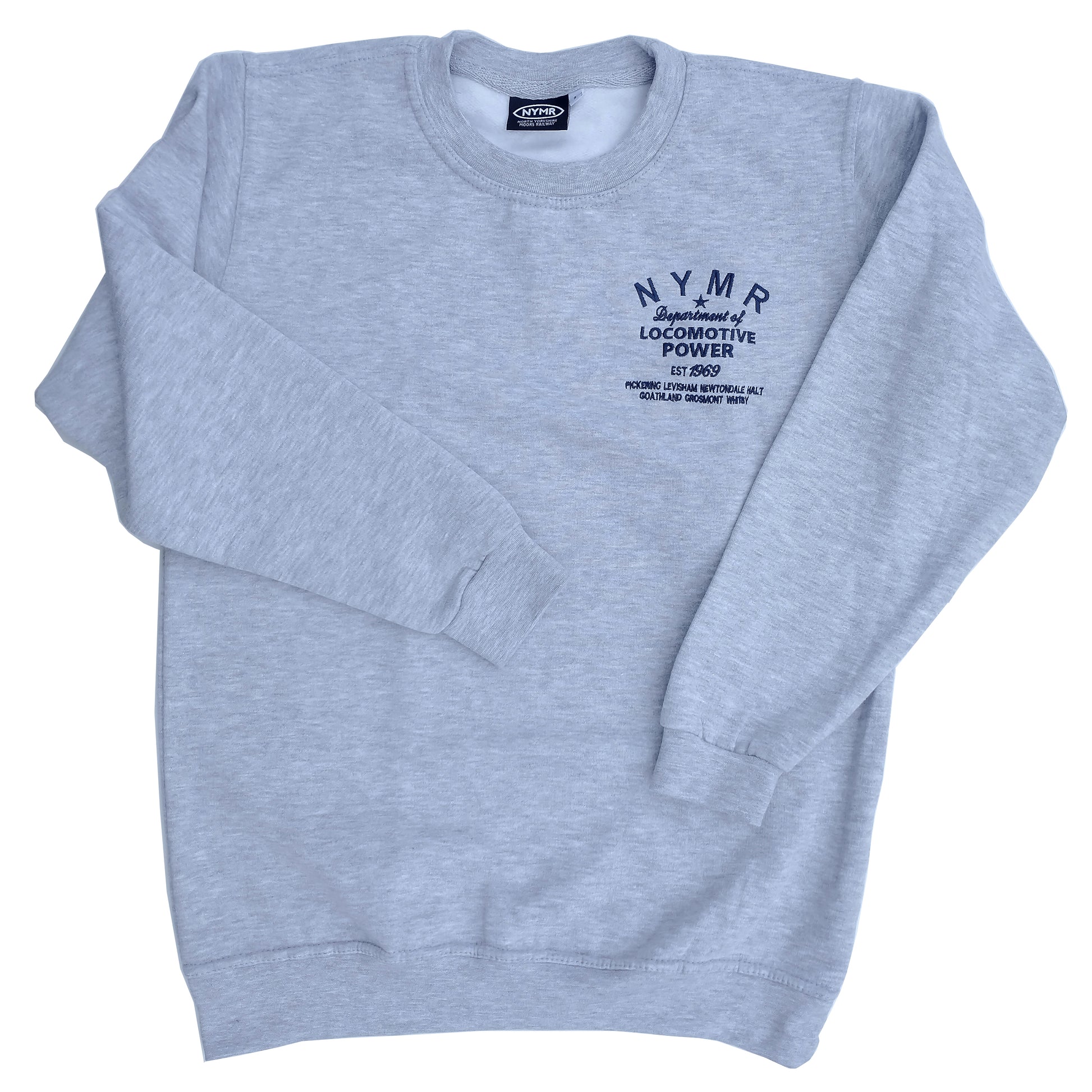 Grey sweatshirt with round neck and loco power logo embroidered on left breast.
