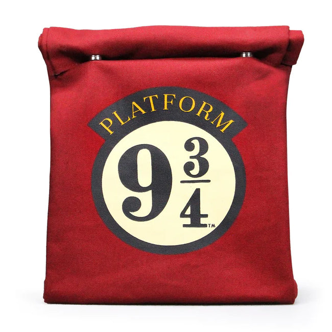Dark red canvas bag with the Platform 9 & 3/4 emblem printed on the front.