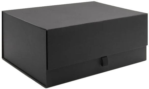 A matte black rectangular storage box with a front pull tab, shown at a three-quarter angle on a plain white background.