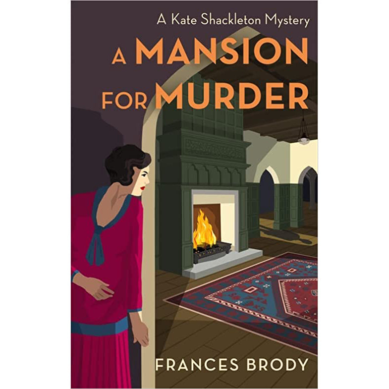 Book cover illustration shows a woman peeking into a large mansion style room with a fire burning in the fireplace.