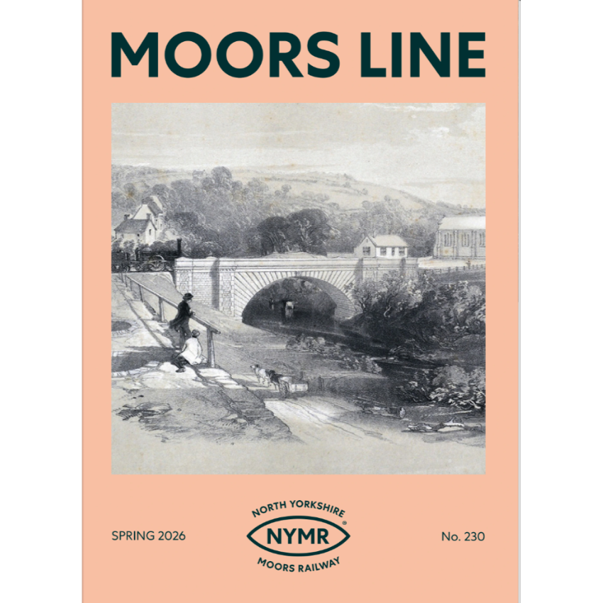 Magazine cover with 'Moors Line' text and black and white illustration of a bridge and landscape.