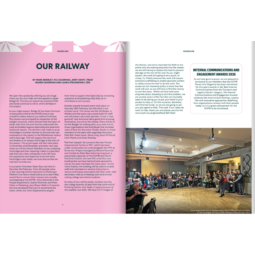 Magazine layout with pink sidebar and article on railway, featuring a photo of people in a room.