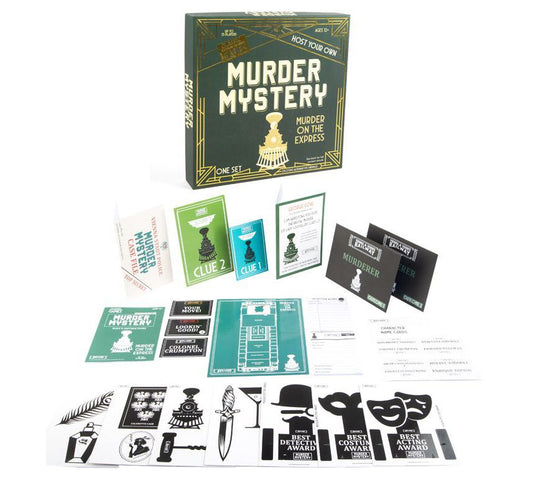 An image showing the box and all its contents, including character cards, clues and files.