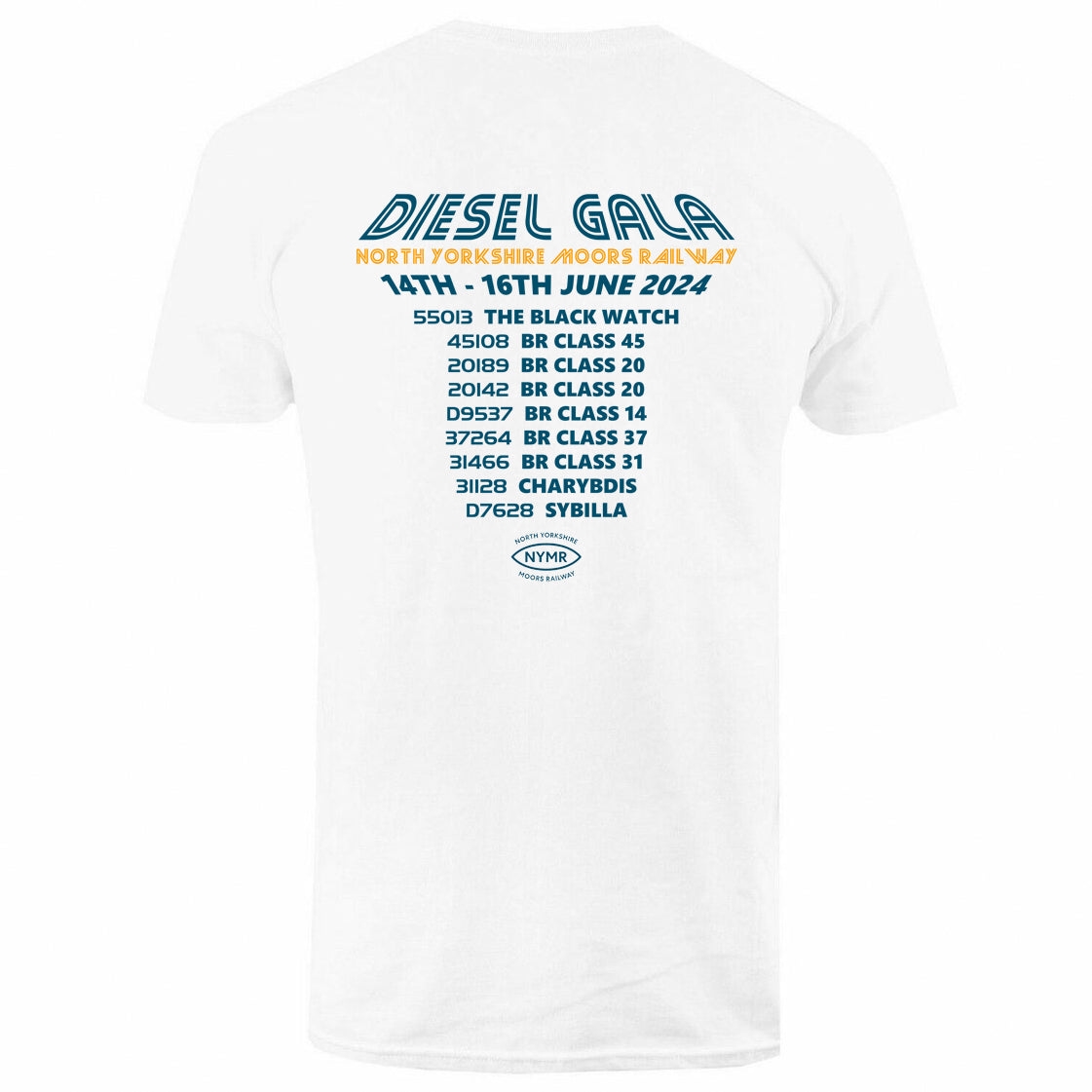 The back of the T-Shirt with wording in retro style showing the full loco line-up.
