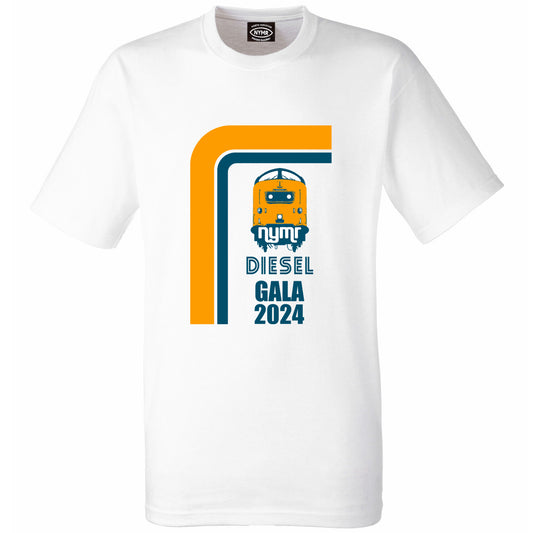 White T-Shirt with awesome retro design featuring a Class 55 front facing with NYMR across the front, with DIESEL GALA 2024 beneath. The design is in yellow and aqua blue to reflect the diesel livery and the text is in a retro style. Neck label has the NYMR logo on it.