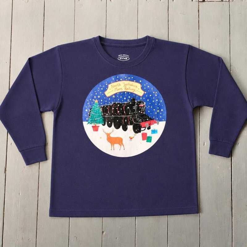 Long sleeve navy t-shirt with Christmas design in a circle on the front.