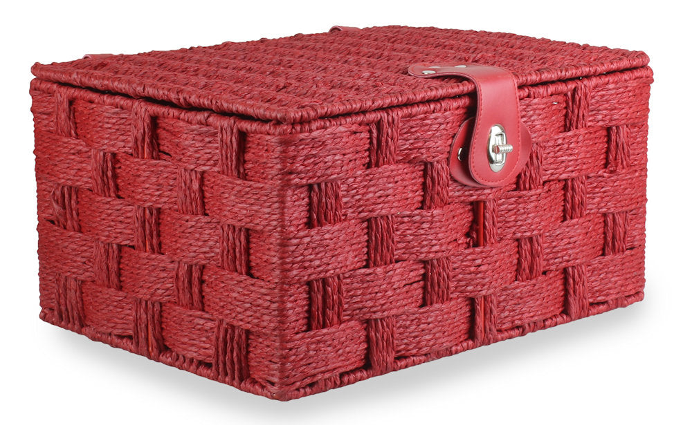 Red woven storage box with a red clasp on a white background