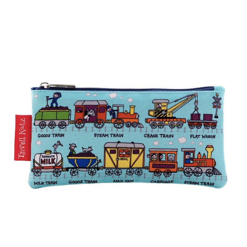 A pale blue pencil case with contrast zip and label. Features funky train illustrations.