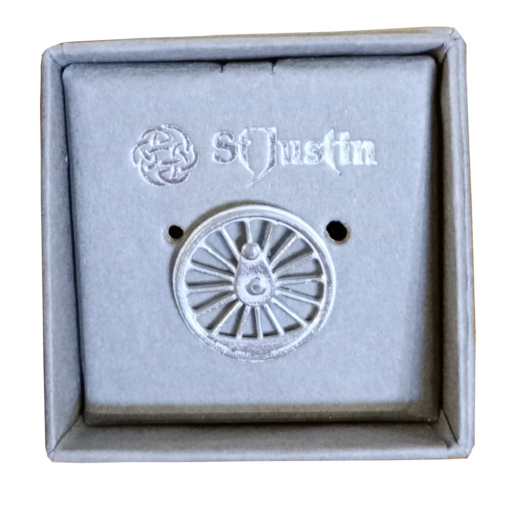 a picture of the pin inside its little recyclable grey gift box.